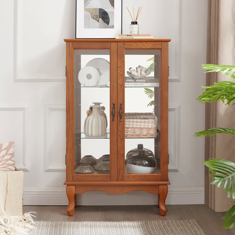 Vitrine 2 portes avec portes en verre trempé, armoires de terrasse avec panneau arrière en miroir et tablettes réglables, vitrine éclairée pour la maison, ampoule de bureau incluse