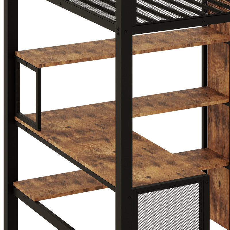 Lit mezzanine avec bureau et garde-robe de rangement, échelle encastrée et garde-corps sur toute la longueur