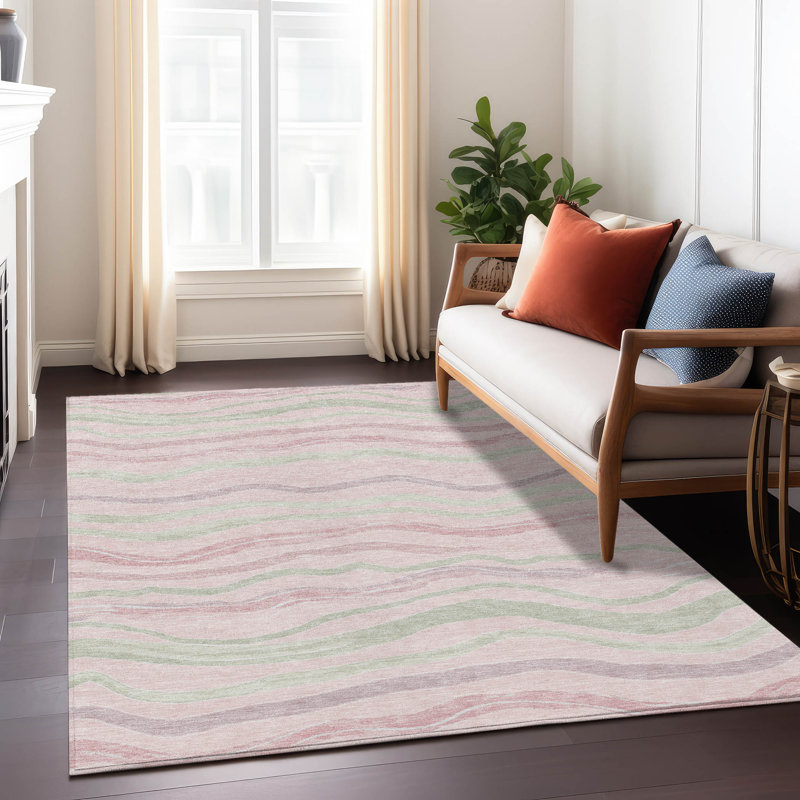 Red and Green Striped Synthetic Washable Rug 3' x 5'