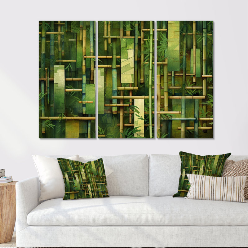 Whispering Bamboo Geometric Patterns - Ensemble de salon mural en bambou, H 28 po x l 36 po x P 1 po, Toile tendue
