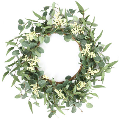 Artificial Eucalyptus Wreath for Front Door, Greenery Farmhouse Wreath with White Berries