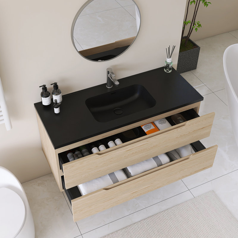 Meuble-lavabo mural simple avec comptoir en quartz noir intégré, 47"