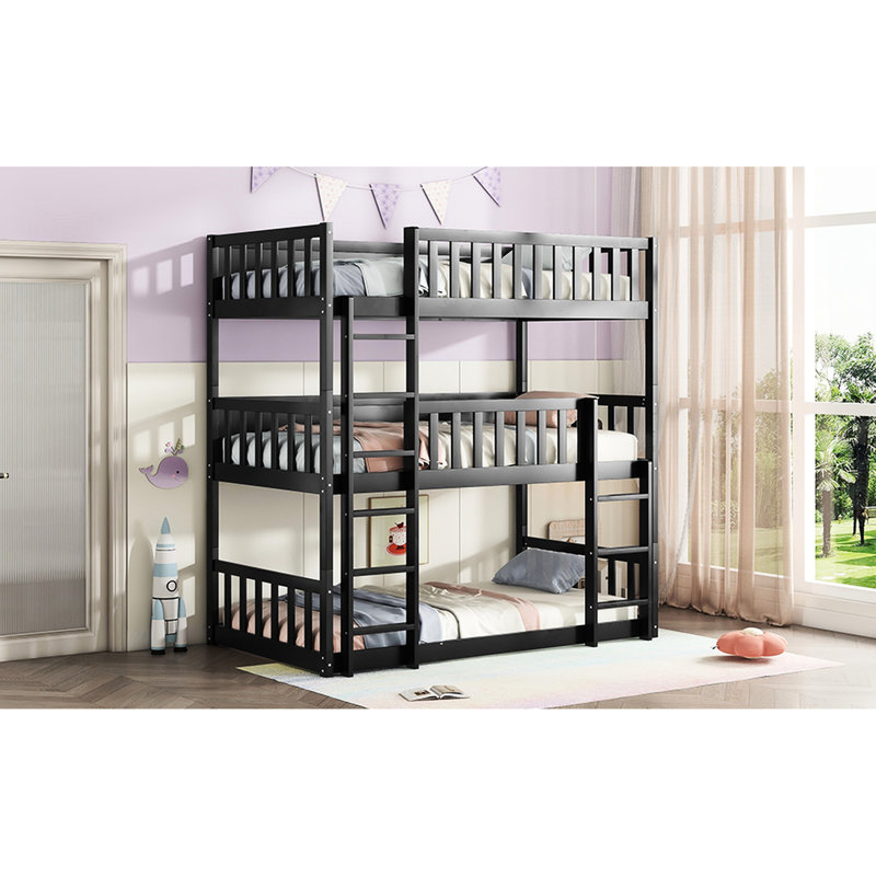 Lit superposé noir détachable - Fabriqué en bois d'hévéa de qualité pour une chambre à coucher simple, Noir