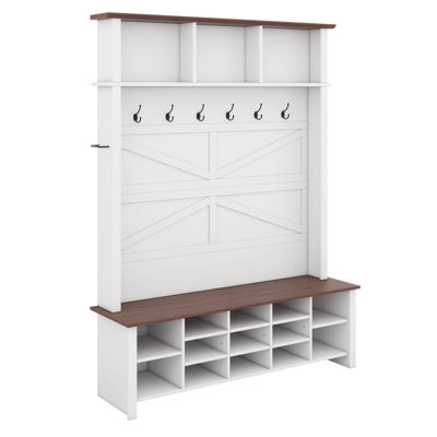 Hall Tree Entryway Bench With 6 Hooks And Adjustable Shelves, Versatile Coat Racks With 16 Open Compartments, Entrance Organizer