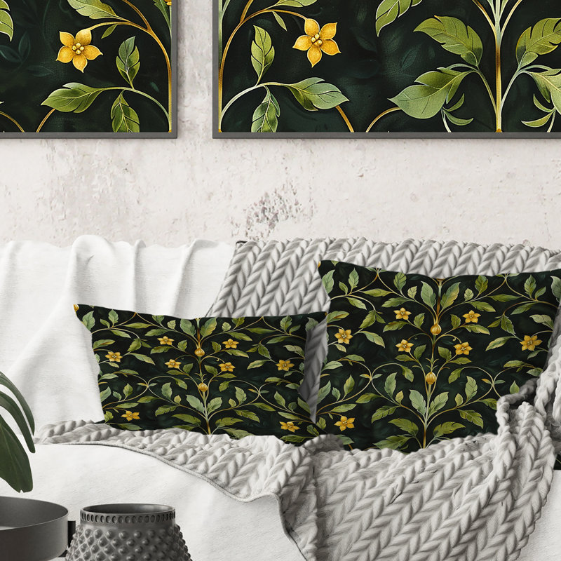 Green Yellow Floral Vines II - Modern Throw Pillow, 16"H x 16"W
