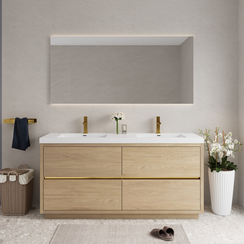 Meuble-lavabo autoportant en chêne pour salle de bain spacieuse