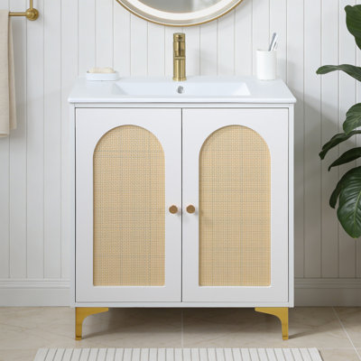  30" Modern White Rattan Double Doors Free Standing Bathroom Vanity With  Ceramic Sink