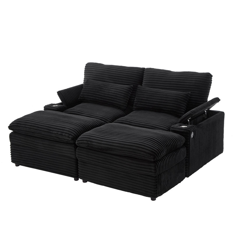 Loveseat Sofa 70.9" Free-Combined Sectional Convertible Sofa Bed With Storage Space, Two Movable Ottomans, Four USB Ports And Two Cup Holders For Living Room, Black