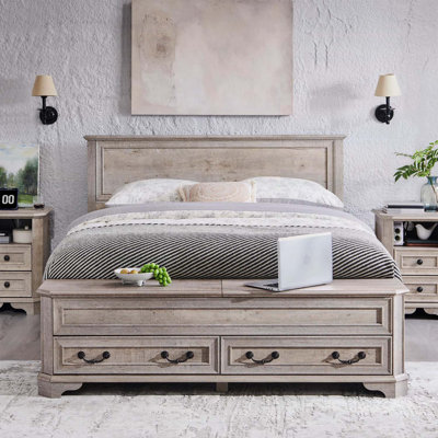 Lit design minimaliste avec tête de lit géométrique 3D et banc de rangement, mobilier de chambre moderne