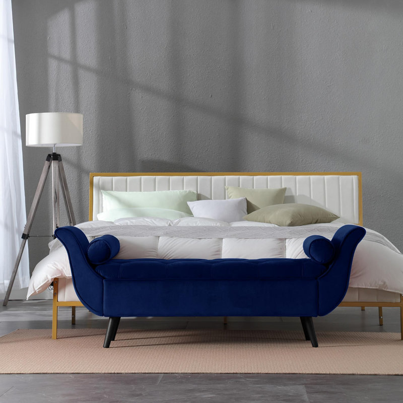 Banc long capitonné rétro de 65 pouces avec repose-pieds en velours avec design rétro classique, repose-pieds de style Mid-Century moderne pour le salon et le vestibule de la chambre à coucher