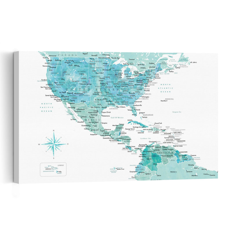 Watercolor Americas Map Contemporary City Wall Art Print 1 Piece Wrapped Canvas Wall Art, 152.4cm H x 101.6cm W