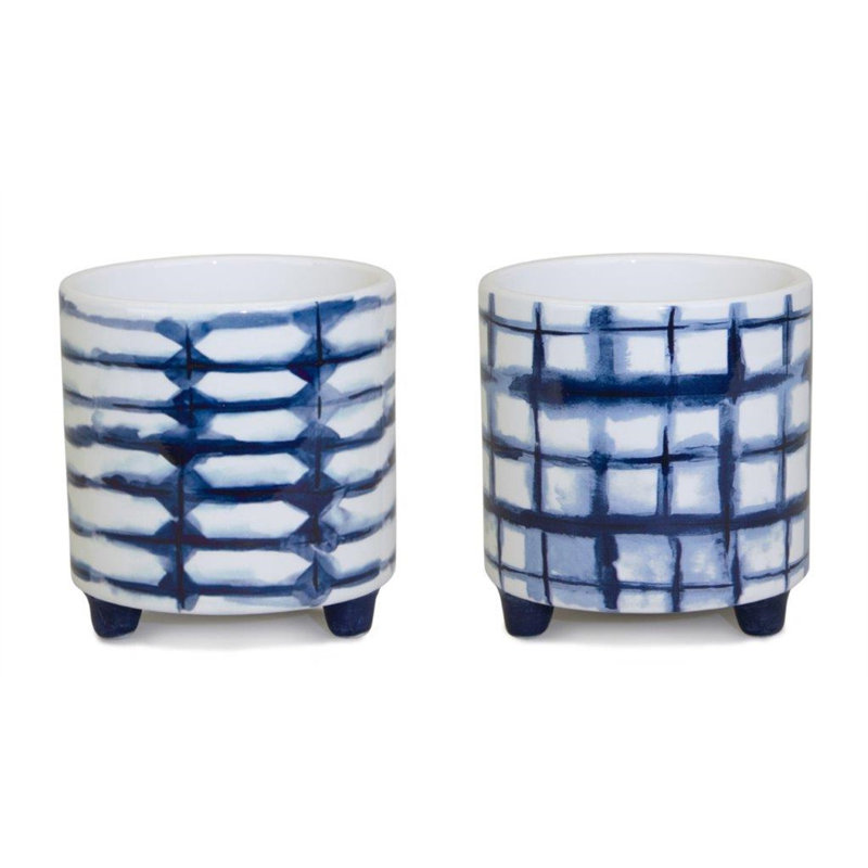 Set of Two Cobalt And White Ceramic 2 Ounce Round Footed Pot Planters
