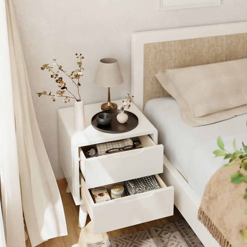 Modern Solid Wood 2-Drawer Nightstand, Bedroom Storage Unit, 2 Drawers—19.68"H, White