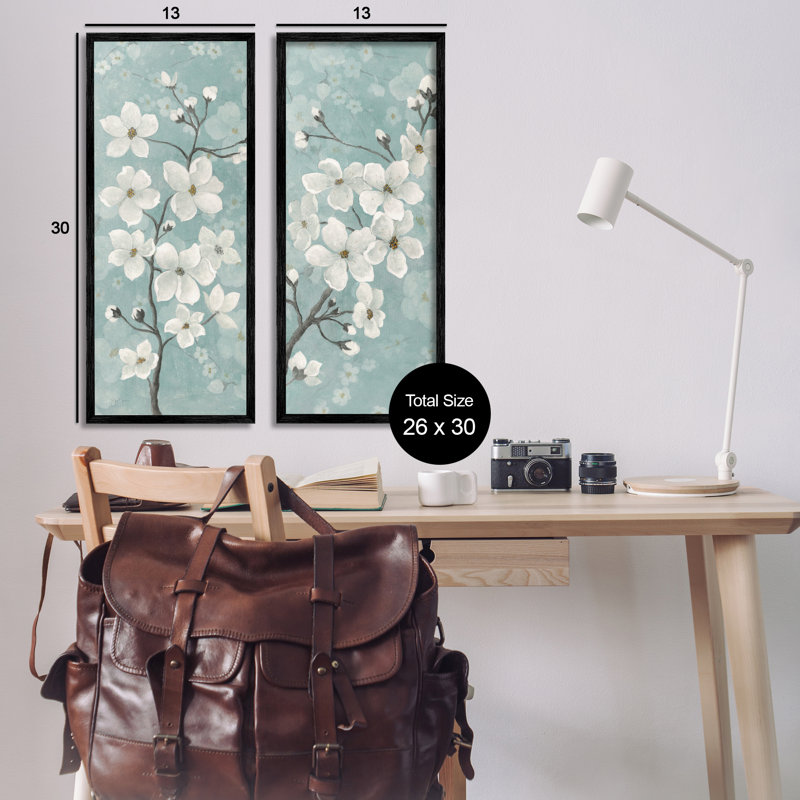 Ensemble de 2 giclées encadrées Green Tone Blossoms, design par Tava Studios, H 30 po x l 13 po, Giclée encadrée noir minuit
