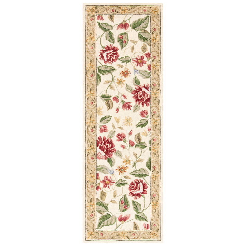 Tapis d'intérieur bouclé fabriqué à la main à motif floral ivoire / beige Hollander, Tapis de couloir beige