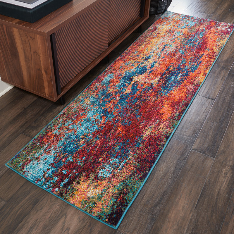 Tapis bleu moderne Enoch, Tapis de couloir 2 pi 2 po x 12 pi
