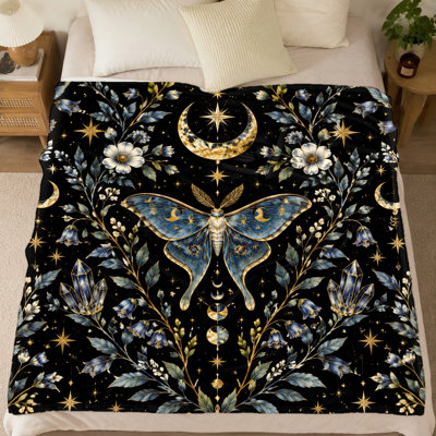 1Pcs Mystical Moth Moon Floral Blanket - Celestial Design;Enchanting Butterfly PatternEnchanted Garden ThemeCozy Home Decor for Living RoomPerfect Relaxation and SnugglingAdds a Touch of Magic to Any Space. Bedding and sofa items