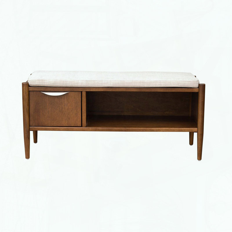 Banc de rangement avec coussin rembourré, finition noyer Mid-Century