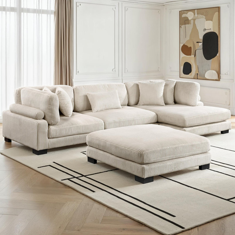 Hulett 135" Modern Modular Sectional with Corduroy Fabric, Adjustable Backrests & 5 Pillows, 34.5" H x 135" W x 70" D