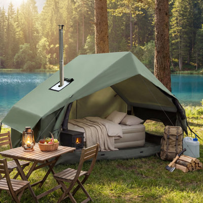 Tente de camping gonflable de luxe pour famille, tente de chalet imperméable 4 saisons avec technologie de poutre d'air intégrée et lanterneau, abri extérieur facile à installer pour la cour arrière et le glamping (vert)