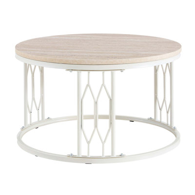 Table basse ronde en panneau de fibres à densité moyenne avec texture effet pierre, 27,5 pouces de diamètre, style Wabi-sabi, structure en métal robuste, assemblage facile