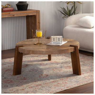 Table basse ronde à chevrons 36,61 po - Bois massif et panneau de fibres à densité moyenne pour salon rustique avec pieds fuselés