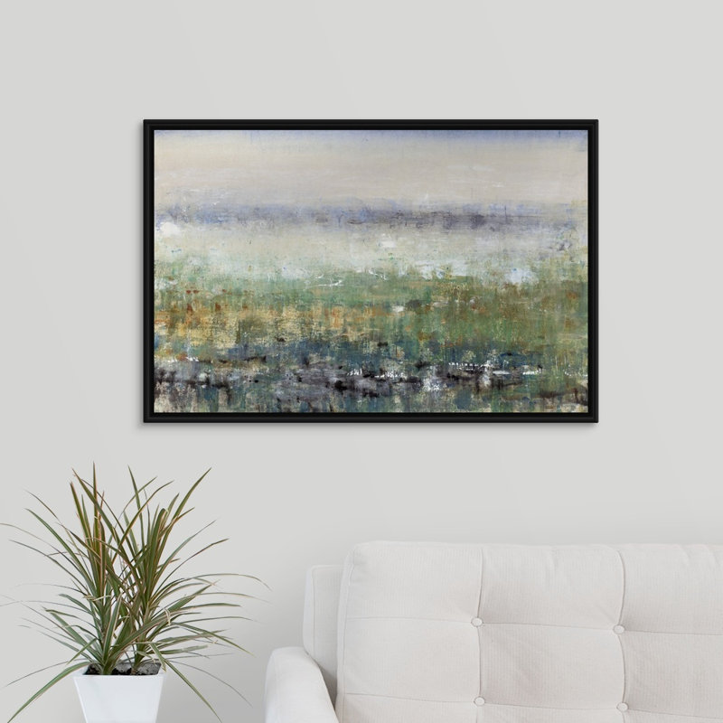 «Mist in the Field», peinture sur toile, H 21,7 po x l 31,7 po x p 1,75 po, Cadre flottant noir