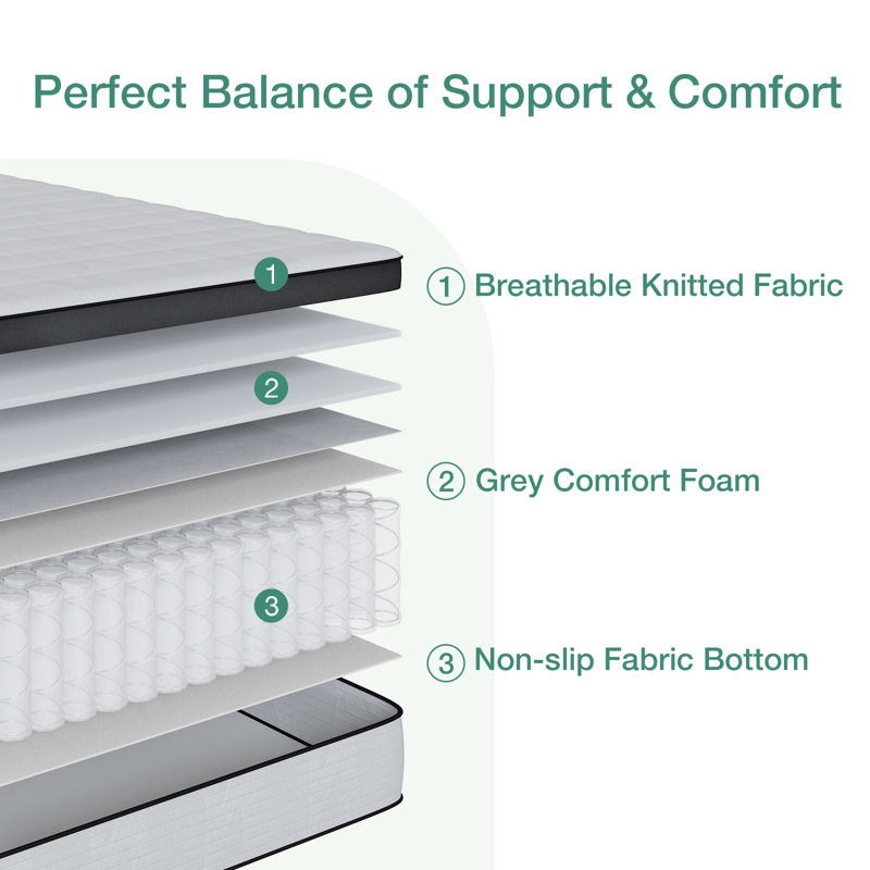 8" Medium Memory Foam Queen Size Hybrid Mattress, Queen, 8"