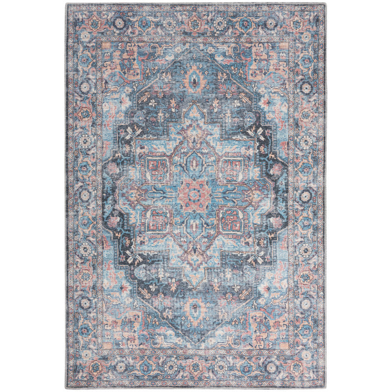 Medallion Machine Washable Polyester Area Rug in Light Blue/Orange/Gray, Rectangle 6' x 9'