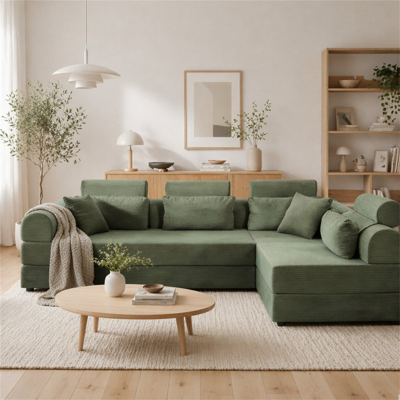 Canapé d'angle pliable en L en velours côtelé, style minimaliste moderne, convertible et peu encombrant., Vert clair
