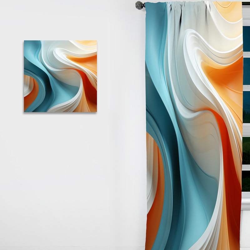 Blue And Orange Fractal Curves In Motion I - Fractal Abstract Room Darkening Curtain - 1 Panels, 52" W x 108" L