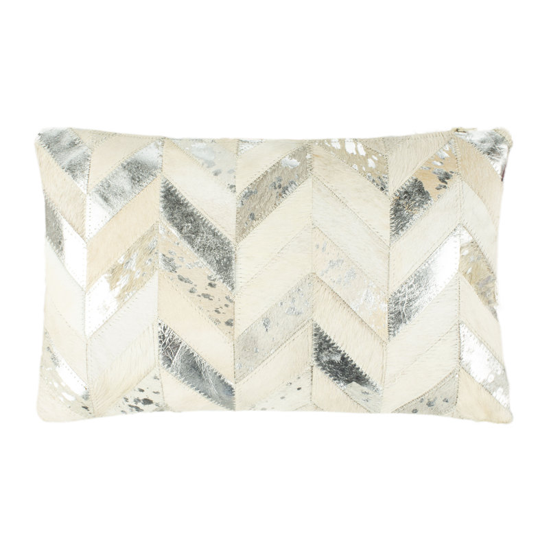 Beige and Gold Metallic Herringbone Cowhide Pillow