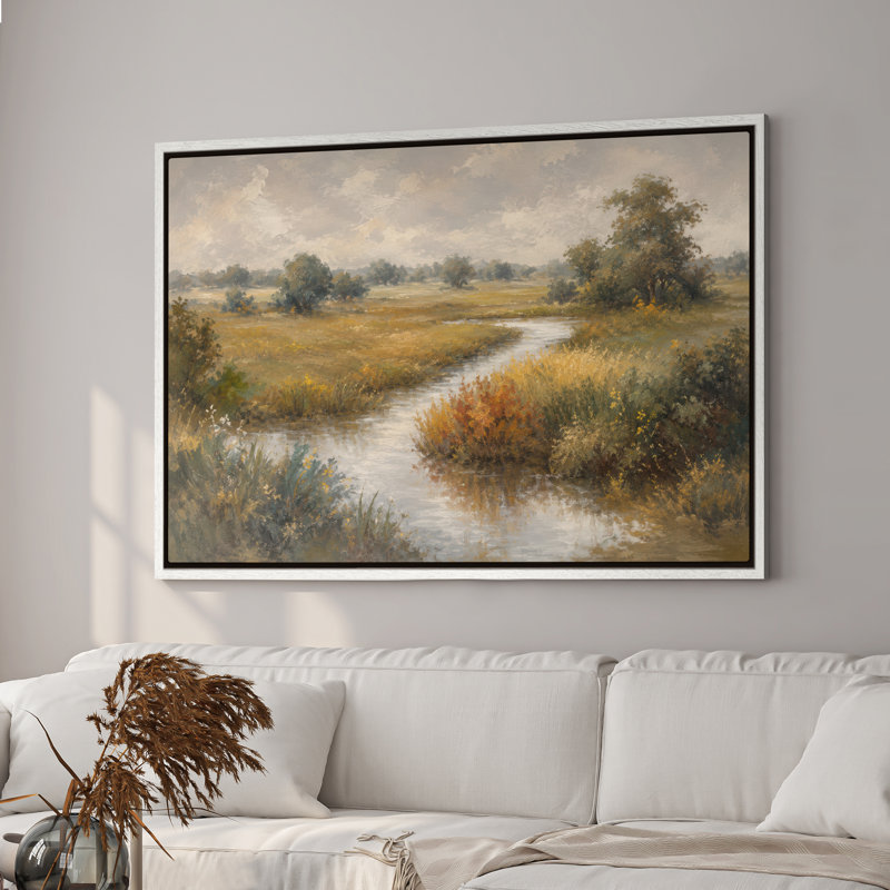Art mural encadré sur toile - Paysage paisible de rivière Wetland avec herbe dorée et arbres - 16 po x 24 po, Blanc