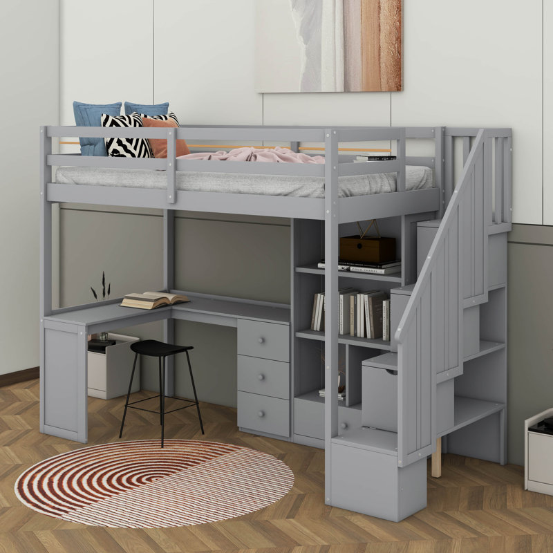 Lit mezzanine simple avec bureau et tiroirs, gris