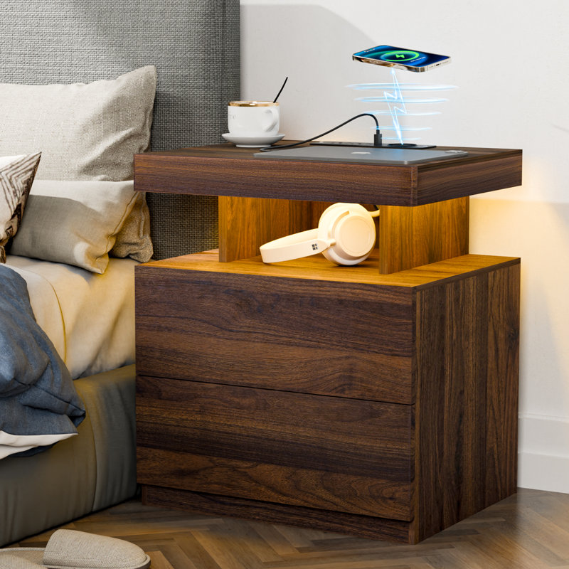 Brenard Manufactured Wood Nightstand with Wireless Charging Station, LED Light and 2 Drawers, Walnut
