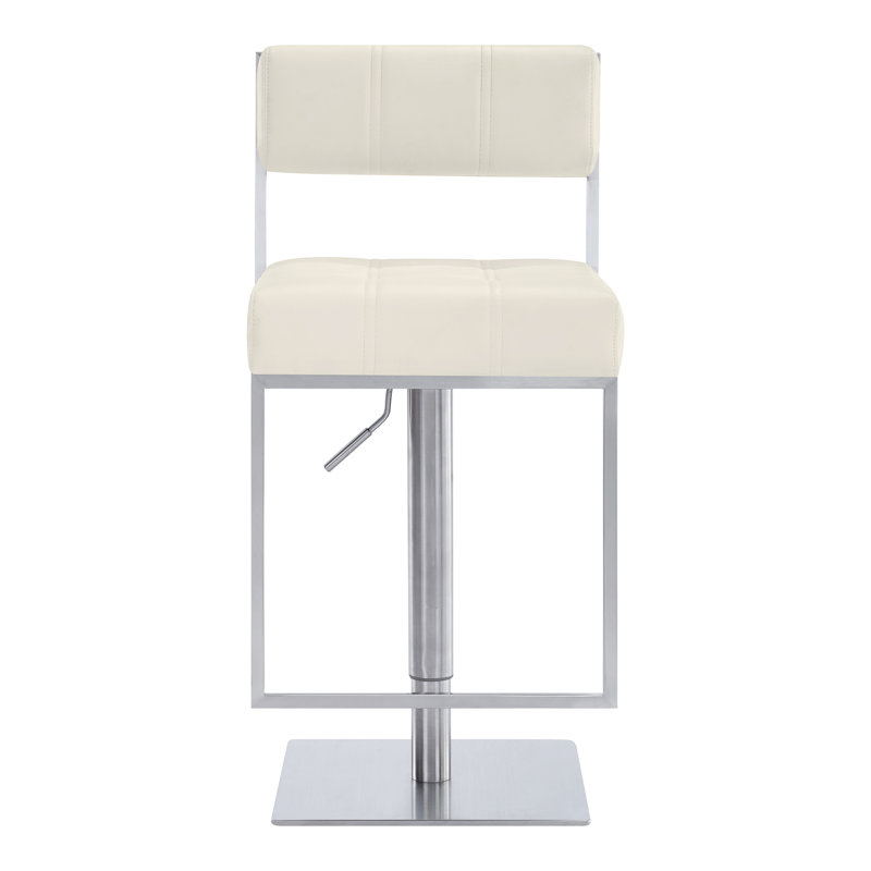 Bucholz Modern Adjustable Swivel Metal Bar Stool, White, Brushed Stainless Steel