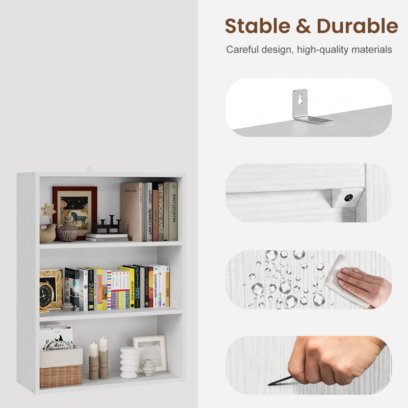 Adjustable Wooden Standard 3-Tier Bookcase, (3 Shelves) 32"H x 23.8"W x 9.2"D, White