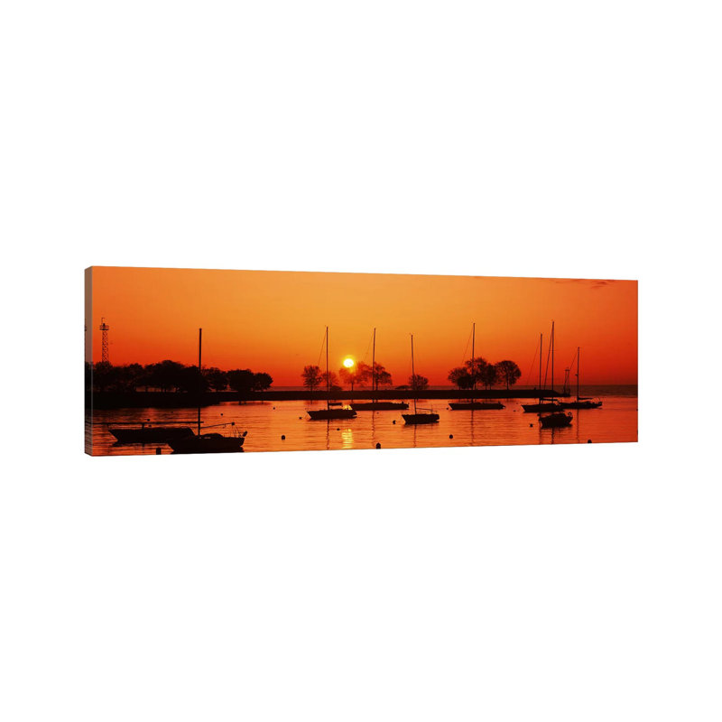 Silhouette of Boats in a Lake, Lake Michigan, Great Lakes, Michigan, USA 1 Piece Wrapped Canvas Panoramic Wall Art