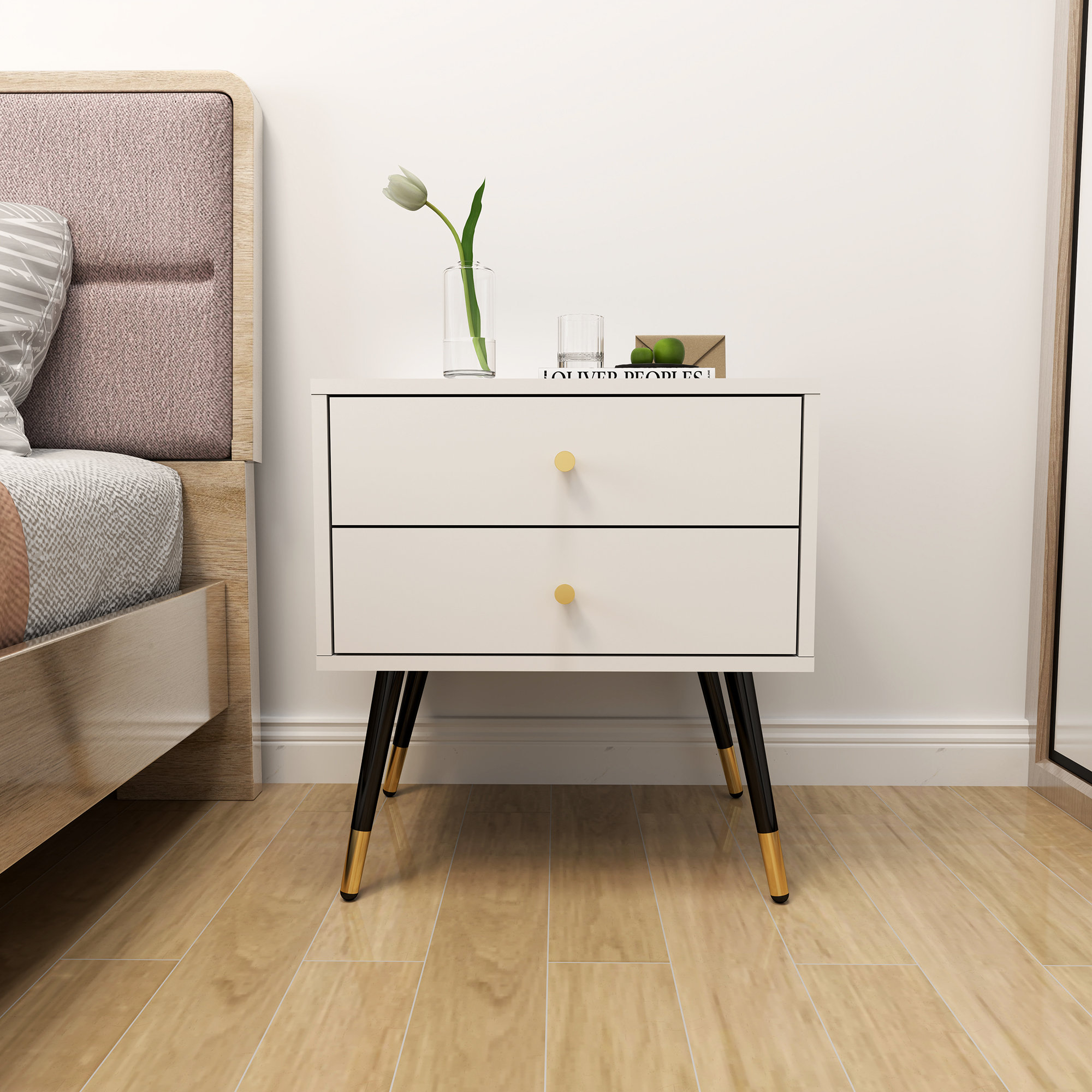 Mercer41 Dozia 20"w White Nightstand with Drawers, Bedside Table