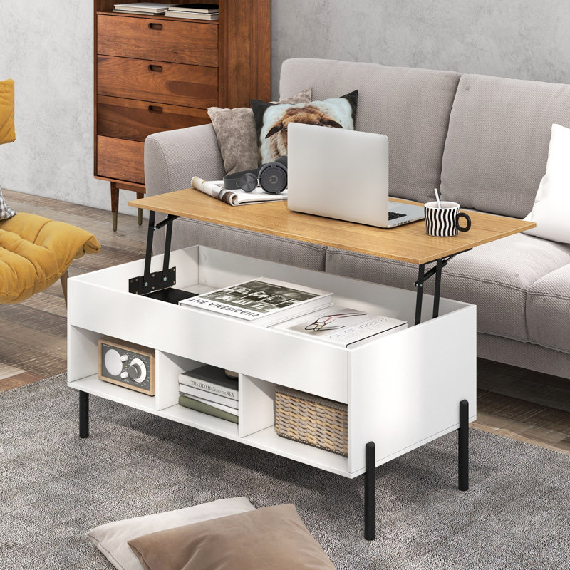 Lift Top Coffee Table with Storage, Natural Wood Top/White Base