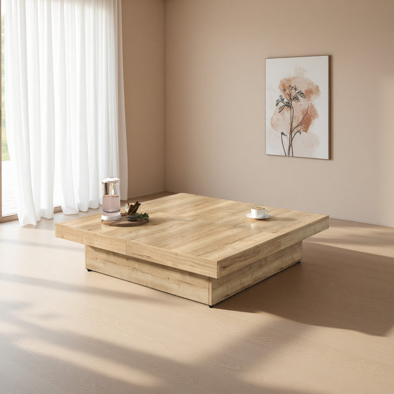 Table basse carrée en placage avec plateau coulissant et rangement, Grain de bois naturel
