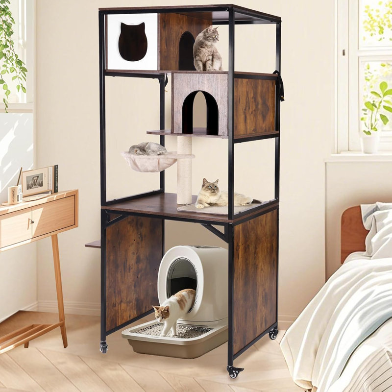 Wood Cat Condo Furniture with Litter Box Enclosure, 2-in-1 Modern Cat Tower
