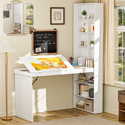 Folding Drafting Table with Storage Shelves, Wall Mount Computer Desk with Tiltable Drawing Board, Anti-Tipping Device & Built-in Power Outlets, for Crafting, Makeup, Drawing & Sketching