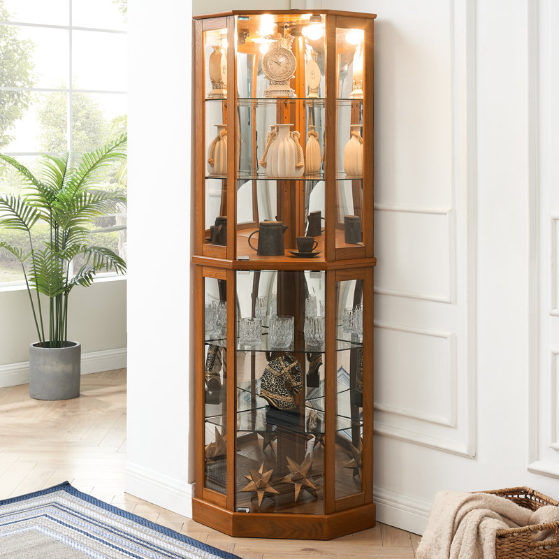 Armoire vitrée en chêne avec lumières, panneau miroir, armoire d'angle à tablettes réglables, chêne, miroir, tablette