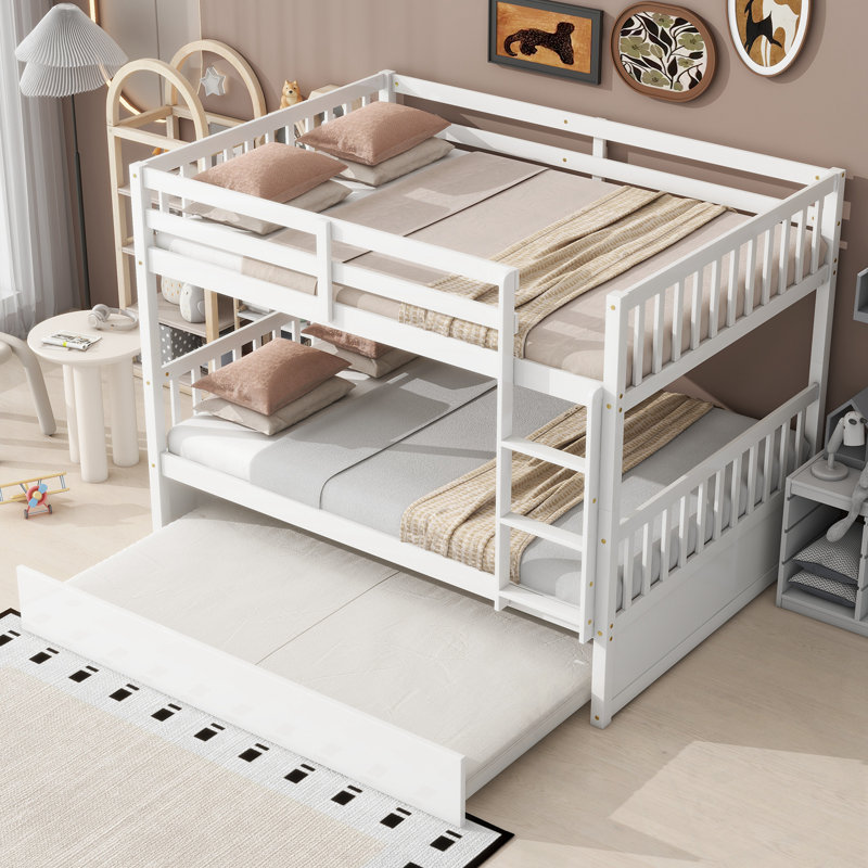 Full Over Full Bunk Bed with Trundle, Ladder and Guardrails, White