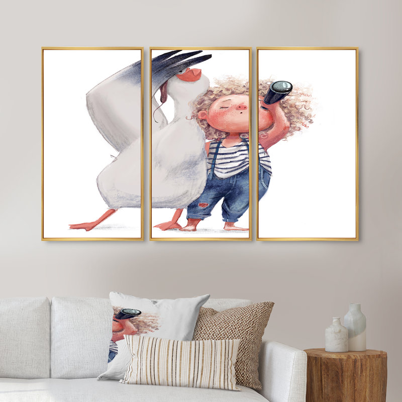 «Little Girl With Albatros I», ensemble de 3 toiles encadrées pour enfants, H 20 po x l 36 po x P 1 po, Blanc