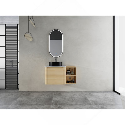 36" Plywood Wall-Mounted Bathroom Vanity with Vessel Ceramic Sink, Storage Shelves, and Soft-Close Door