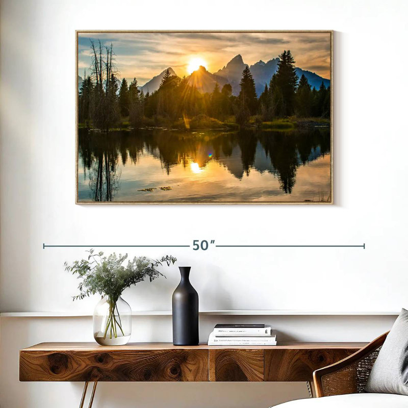 Coucher de soleil spectaculaire sur Grand Teton, Cadre flottant en bois naturel, 40 po x 27 po