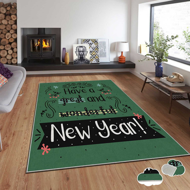 Tapis rectangulaire tissé à la machine en polyester vert, Rectangle 5 pi 11 po x 9 pi 2 po