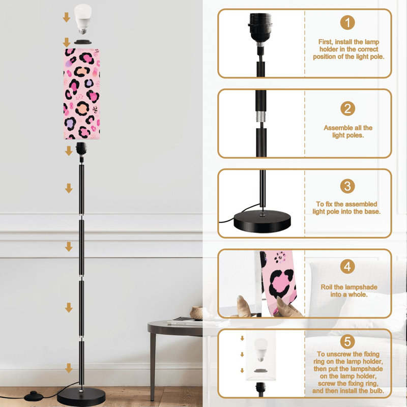 Lampe sur pied à imprimé léopard rose et taches noires pastel boho à intensité variable moderne avec télécommande et pédale abat-jour abat-jour grand lampadaire pour salon chambre bureau